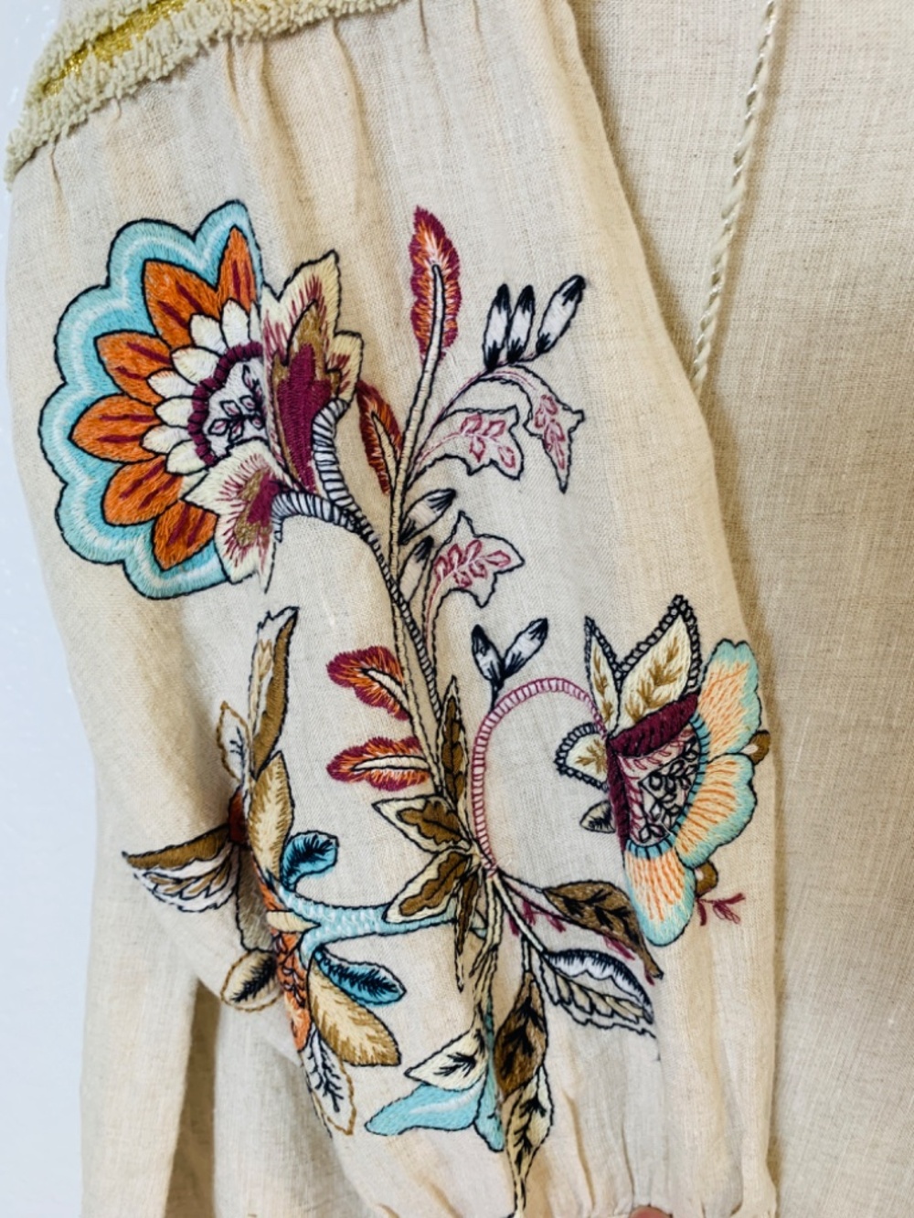 Chico's Embroidered Linen Peasant Top Womens Size12 Tunic Boho Festival Hippie - Picture 12 of 16